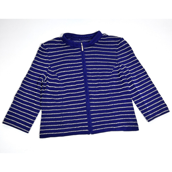 ST. JOHN Womans Sweater Cardigan Zip Front Wool Blend Striped M Blue White - Picture 4 of 12